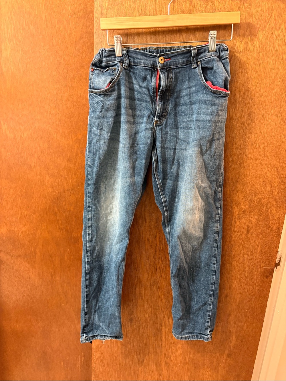 Blue Denim Jeans with Red Pocket Accents
